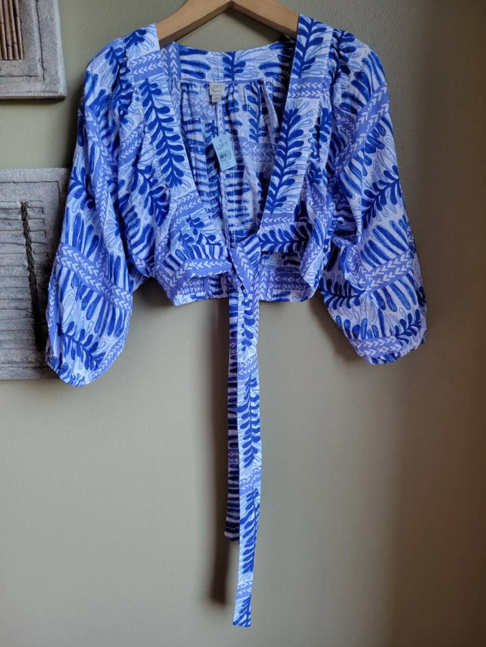 XS Petite Wrap Top 100% Cotton Resort Mediterranean Fern Print Cerulean Blue